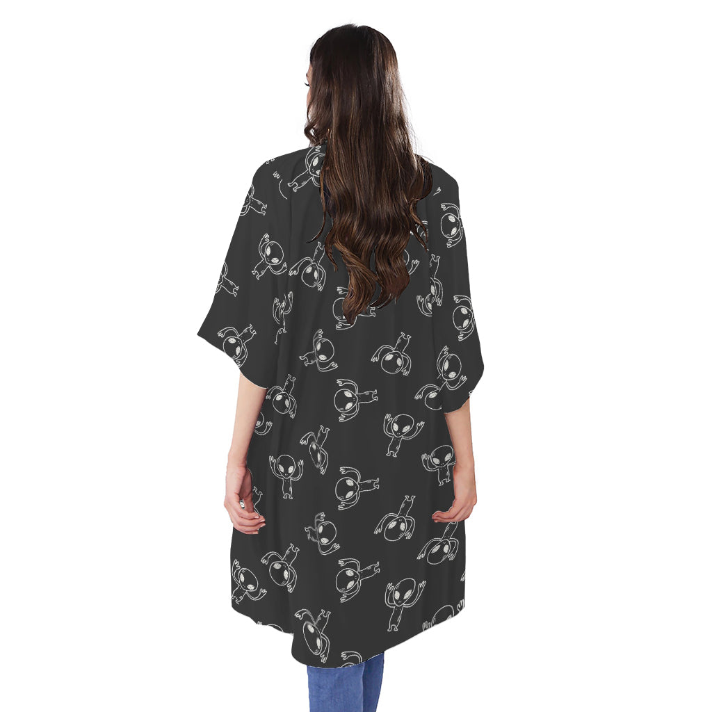 Black And White Alien Print Open Front Beach Cover Up