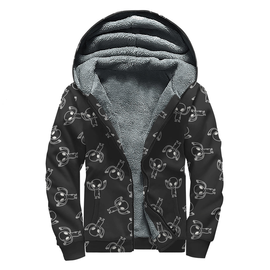 Black And White Alien Print Sherpa Lined Zip Up Hoodie