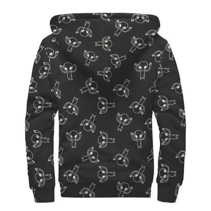 Black And White Alien Print Sherpa Lined Zip Up Hoodie