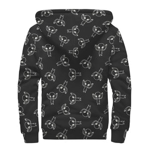 Black And White Alien Print Sherpa Lined Zip Up Hoodie