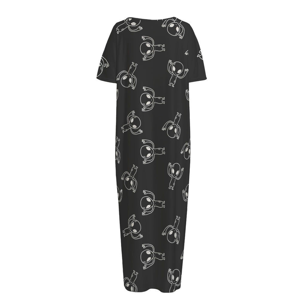 Black And White Alien Print Short Sleeve Long Nightdress