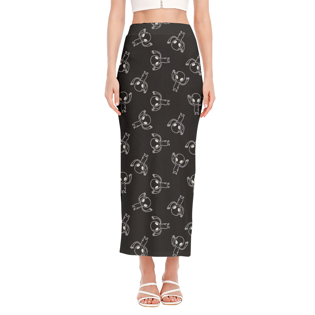 Black And White Alien Print Side Slit Maxi Skirt