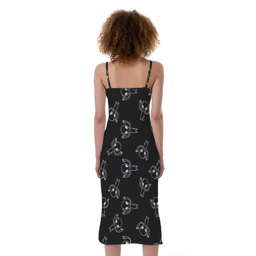 Black And White Alien Print Slim Fit Midi Cami Dress