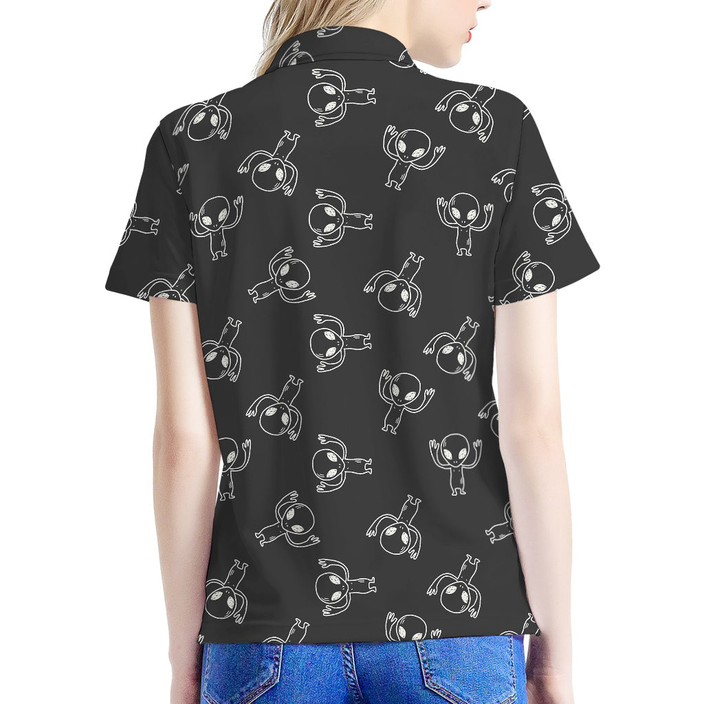 Black And White Alien Print Women's Polo Shirt