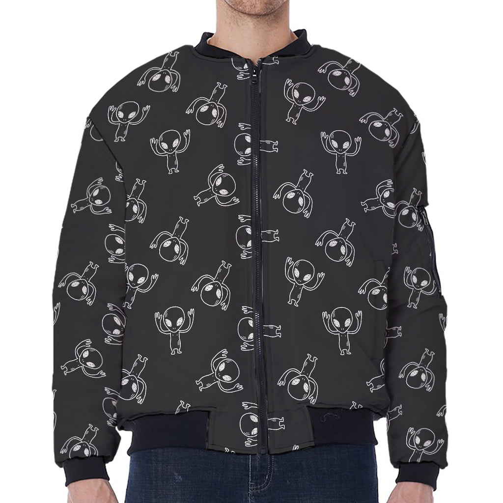 Black And White Alien Print Zip Sleeve Bomber Jacket