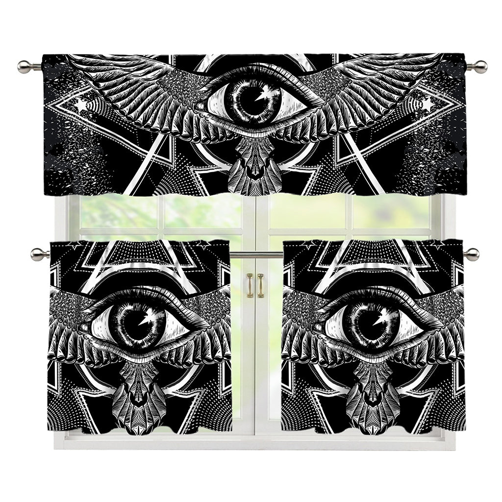 Black And White All Seeing Eye Print 3 Piece Kitchen Curtains