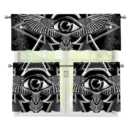 Black And White All Seeing Eye Print 3 Piece Kitchen Curtains