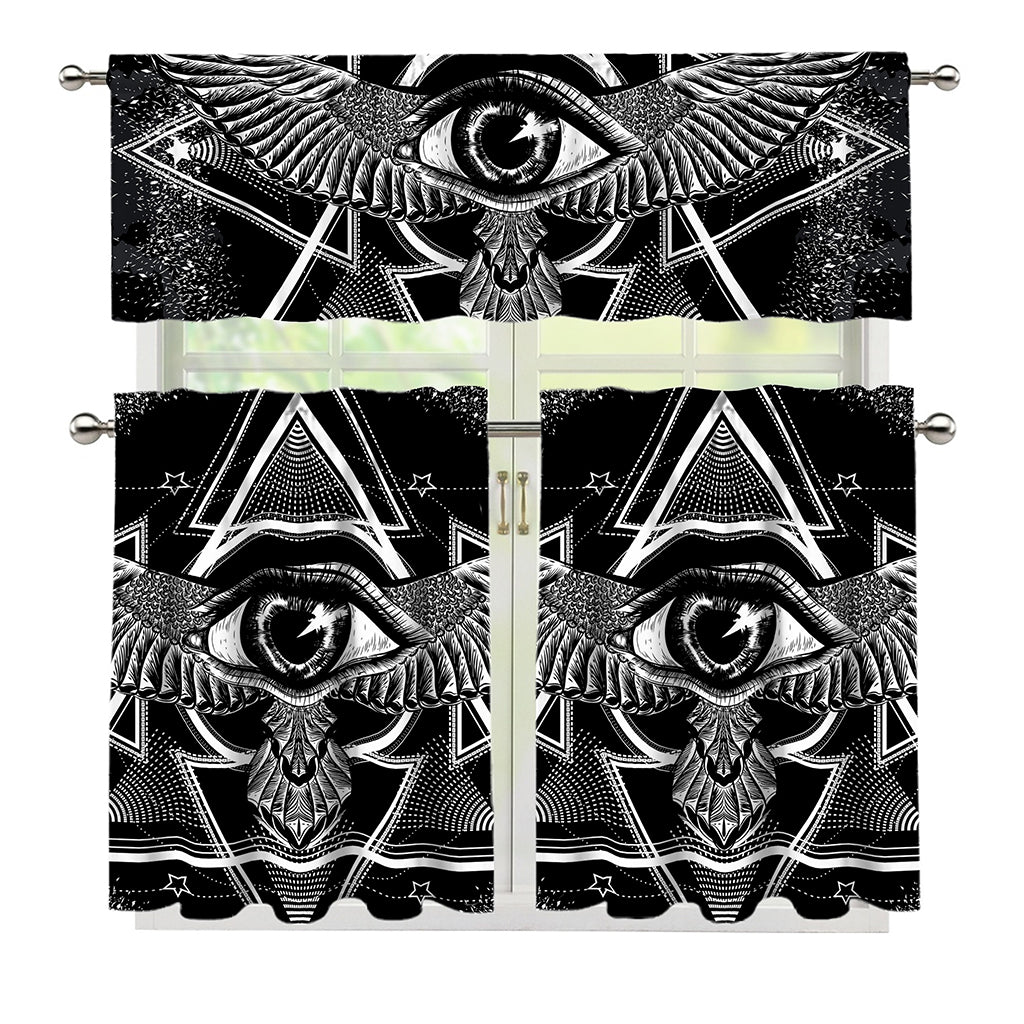 Black And White All Seeing Eye Print 3 Piece Kitchen Curtains