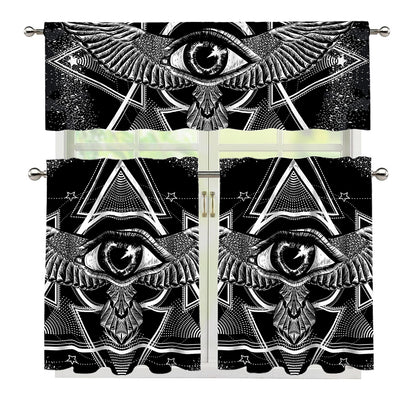 Black And White All Seeing Eye Print 3 Piece Kitchen Curtains