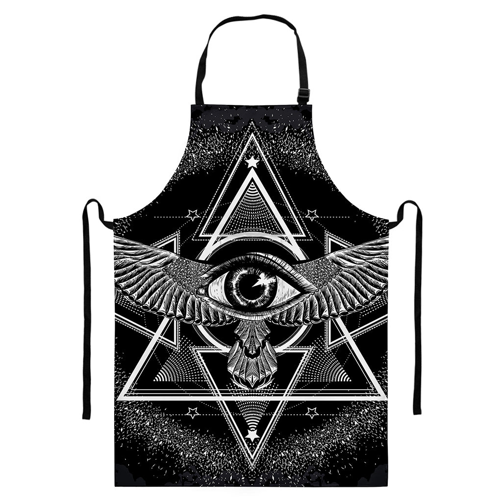 Black And White All Seeing Eye Print Bib Apron With Pocket