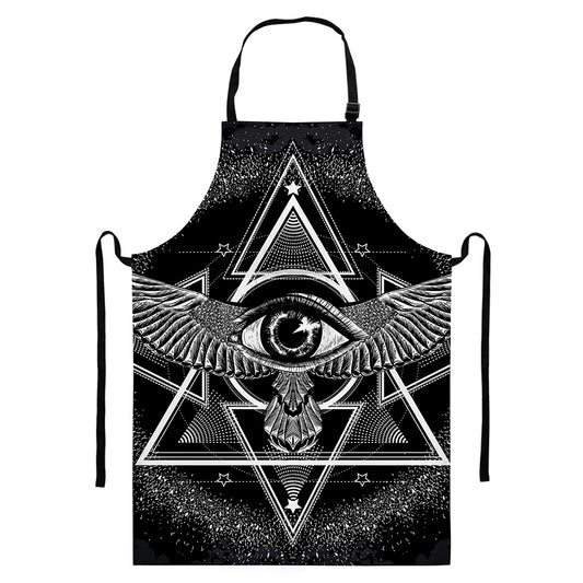 Black And White All Seeing Eye Print Bib Apron With Pocket