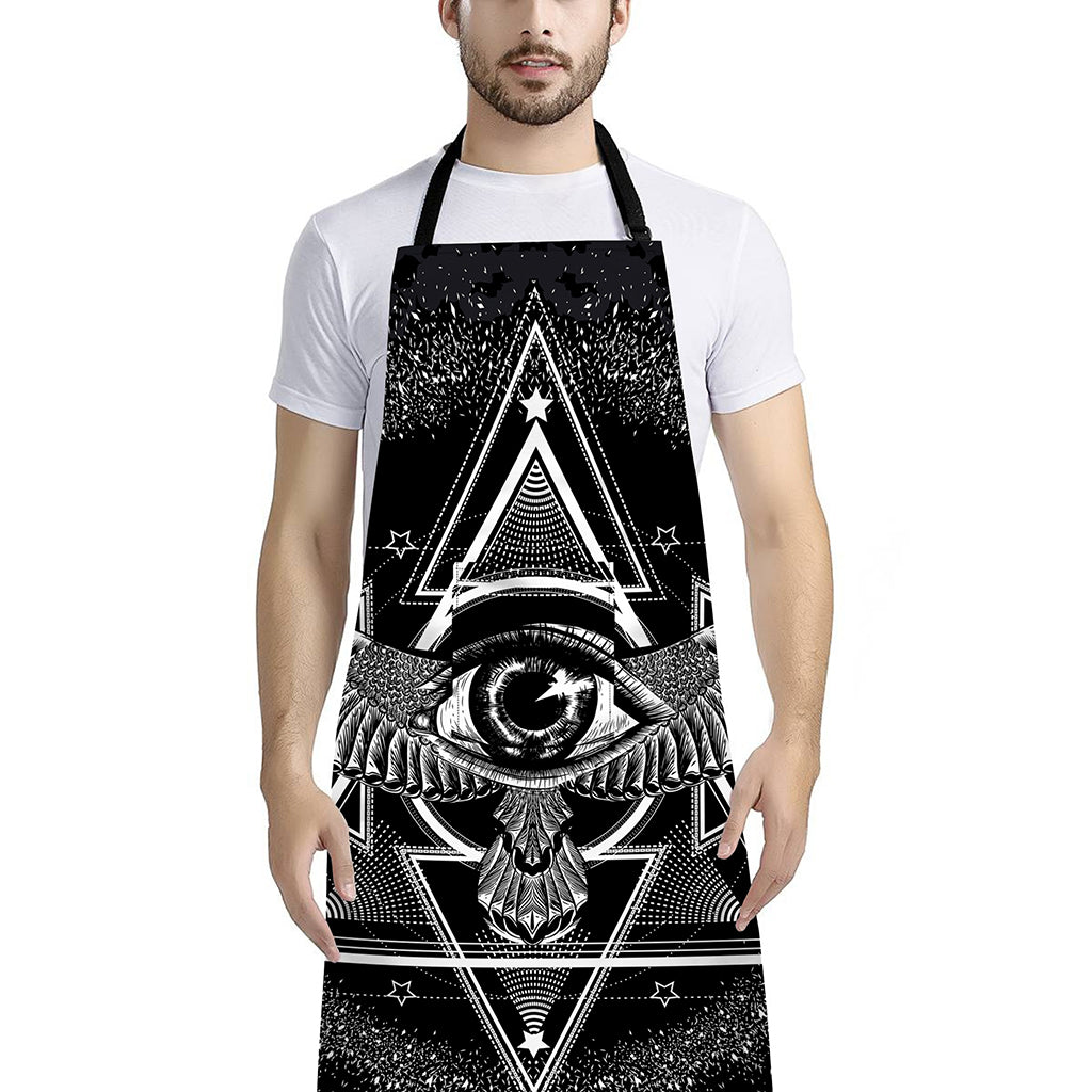 Black And White All Seeing Eye Print Bib Apron With Pocket