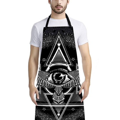 Black And White All Seeing Eye Print Bib Apron With Pocket