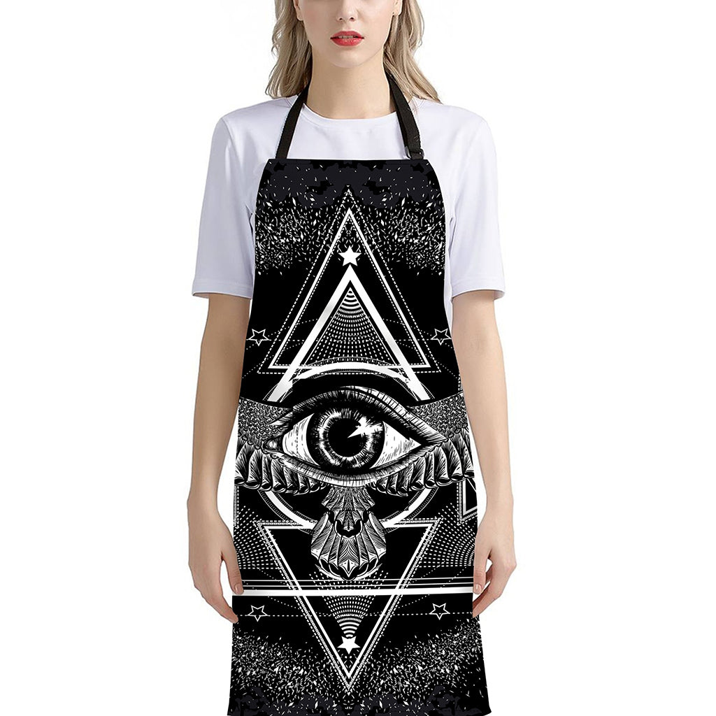 Black And White All Seeing Eye Print Bib Apron With Pocket