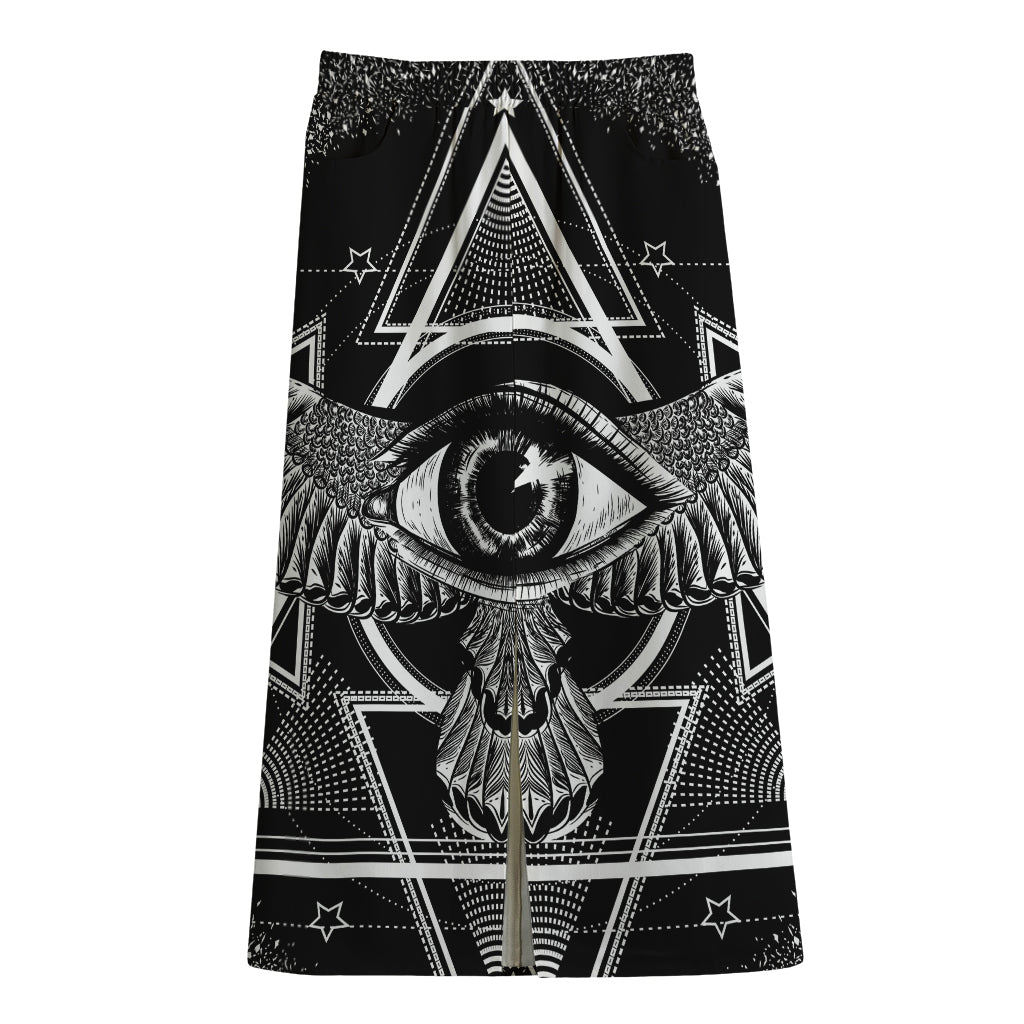 Black And White All Seeing Eye Print Cotton Front Slit Maxi Skirt