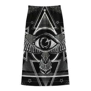 Black And White All Seeing Eye Print Cotton Front Slit Maxi Skirt