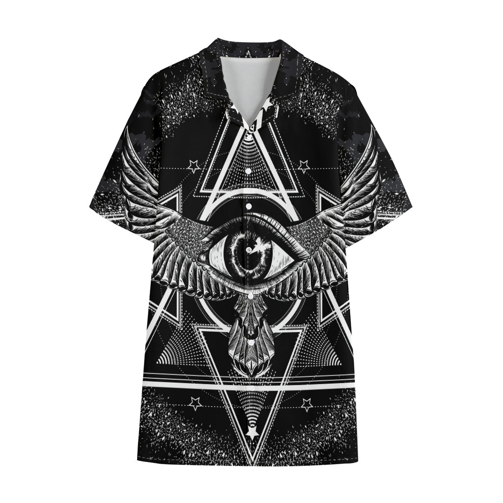 Black And White All Seeing Eye Print Cotton Hawaiian Shirt