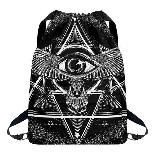 Black And White All Seeing Eye Print Drawstring Backpack