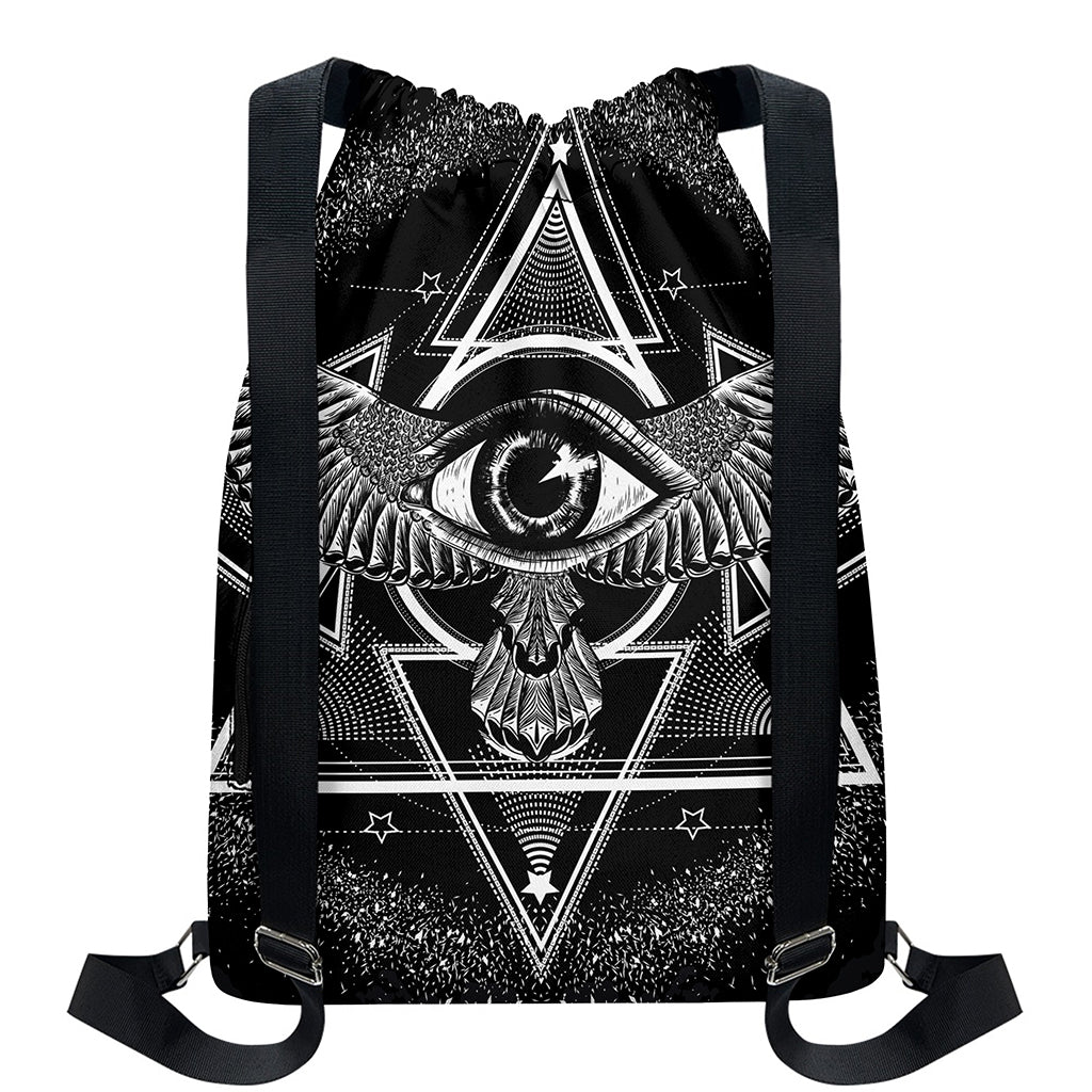 Black And White All Seeing Eye Print Drawstring Backpack