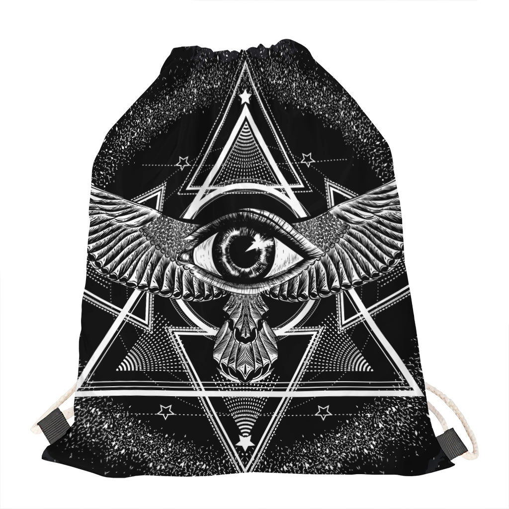 Black And White All Seeing Eye Print Drawstring Bag