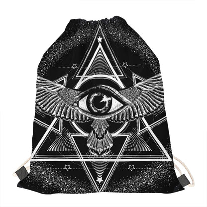 Black And White All Seeing Eye Print Drawstring Bag