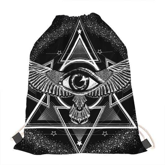 Black And White All Seeing Eye Print Drawstring Bag