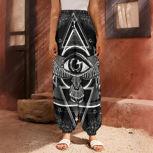 Black And White All Seeing Eye Print Harem Pants