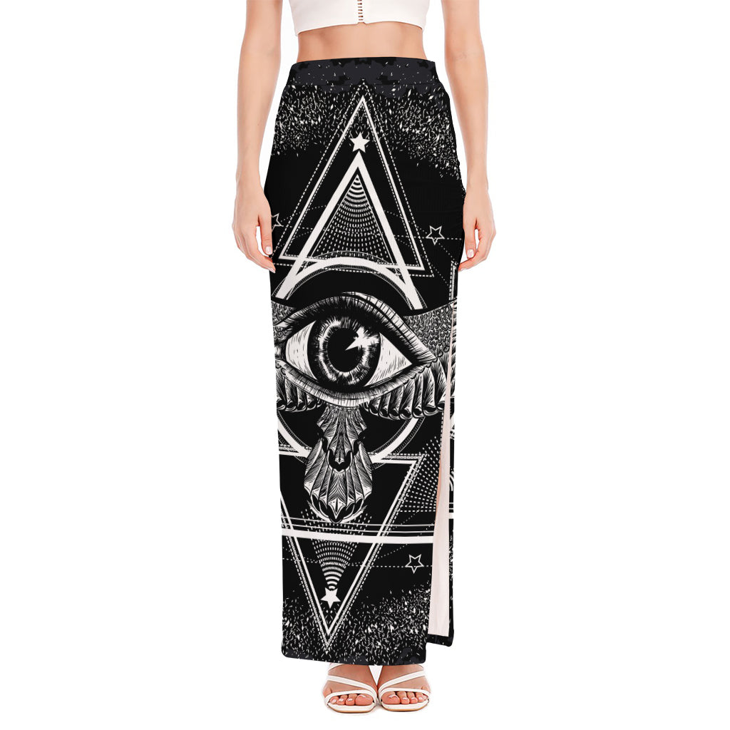 Black And White All Seeing Eye Print High Slit Maxi Skirt