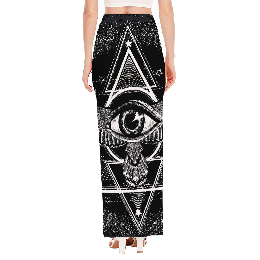 Black And White All Seeing Eye Print High Slit Maxi Skirt