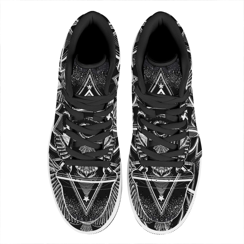 Black And White All Seeing Eye Print High Top Leather Sneakers