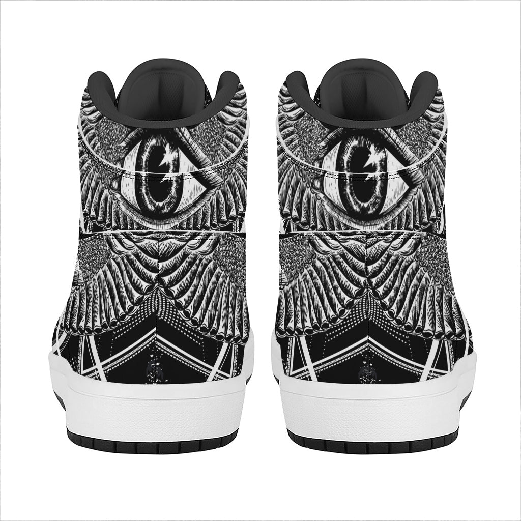 Black And White All Seeing Eye Print High Top Leather Sneakers
