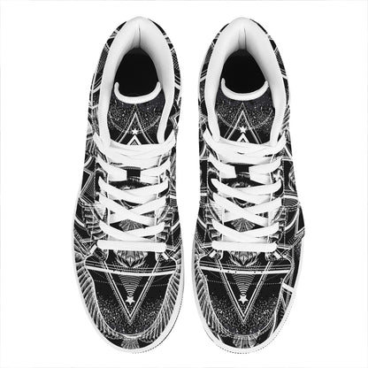 Black And White All Seeing Eye Print High Top Leather Sneakers