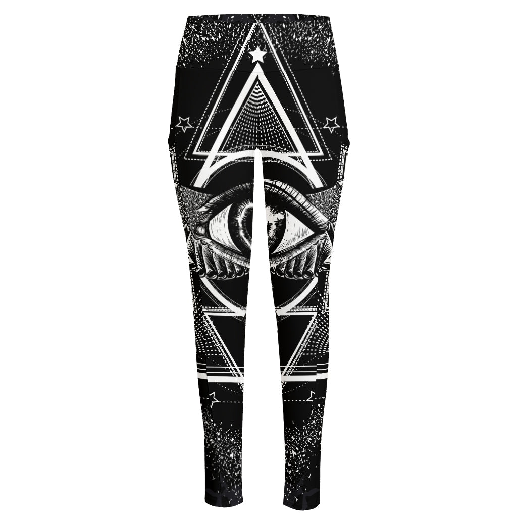 Black And White All Seeing Eye Print High-Waisted Pocket Leggings