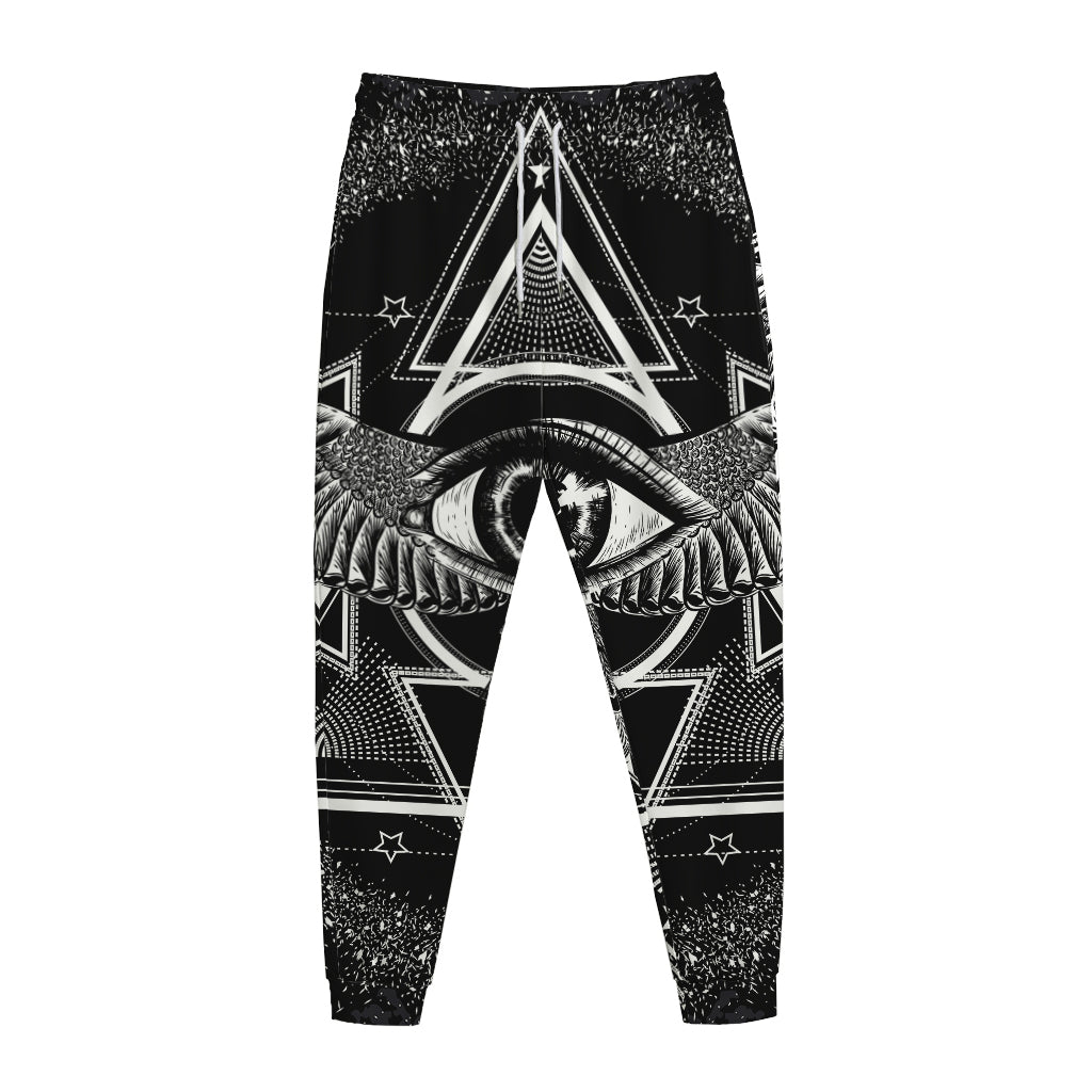 Black And White All Seeing Eye Print Jogger Pants