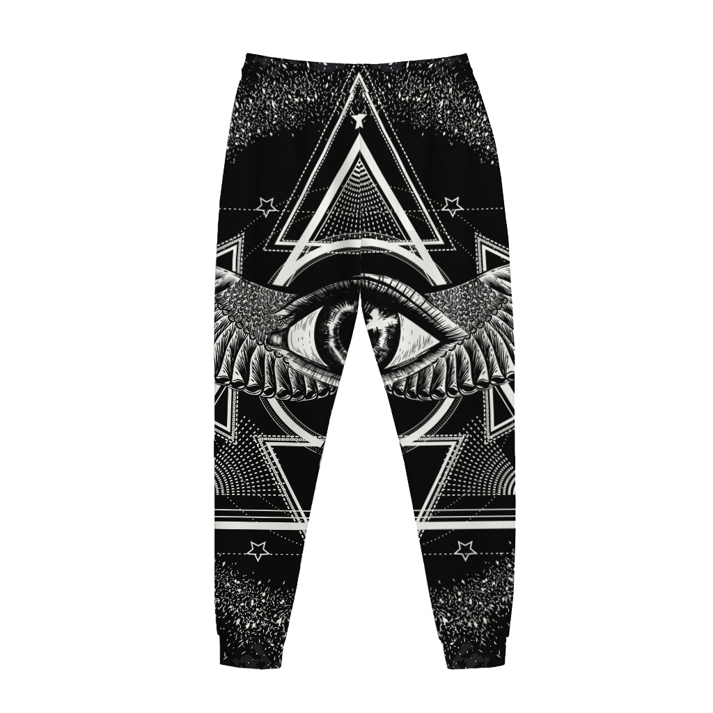 Black And White All Seeing Eye Print Jogger Pants
