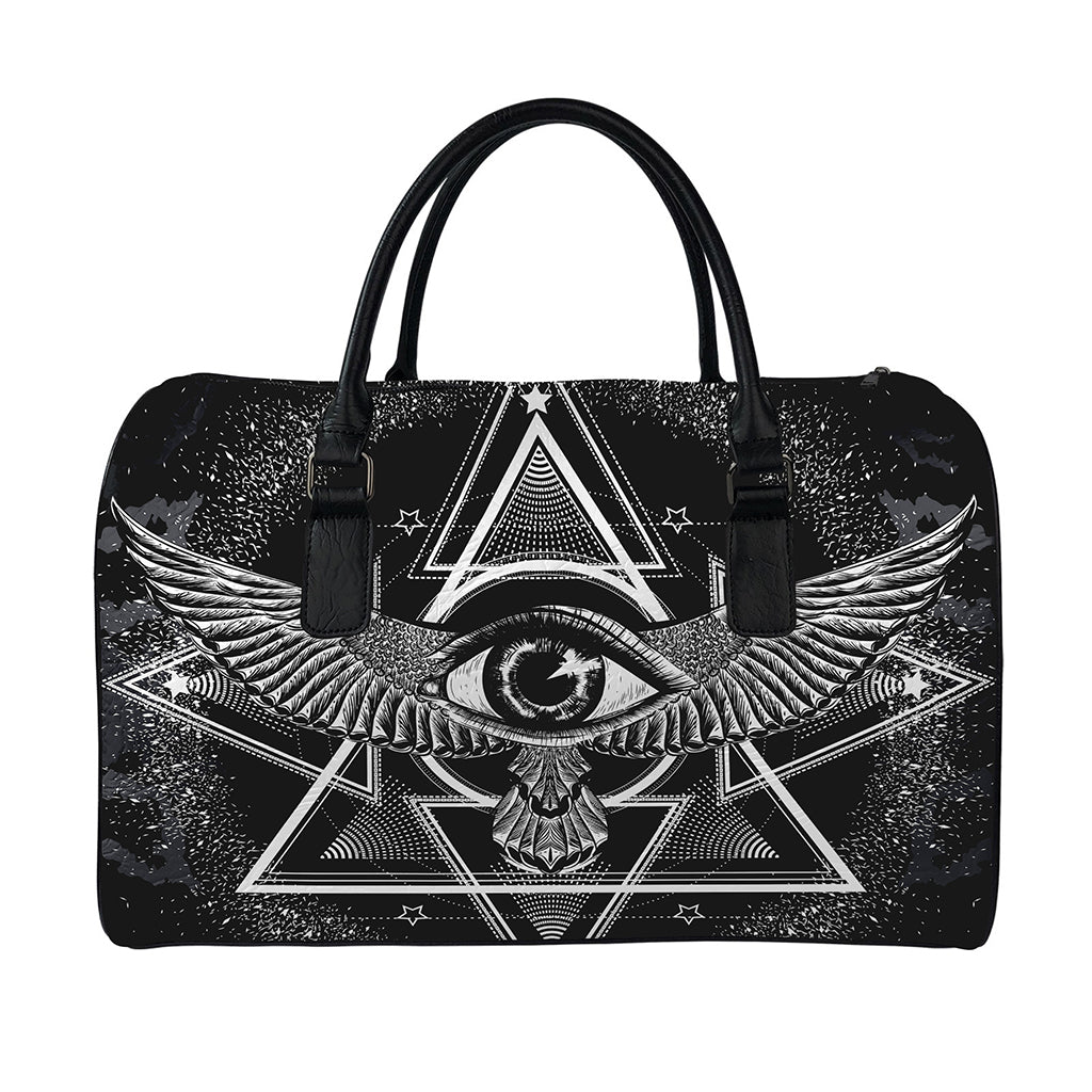 Black And White All Seeing Eye Print Leather Duffle Bag