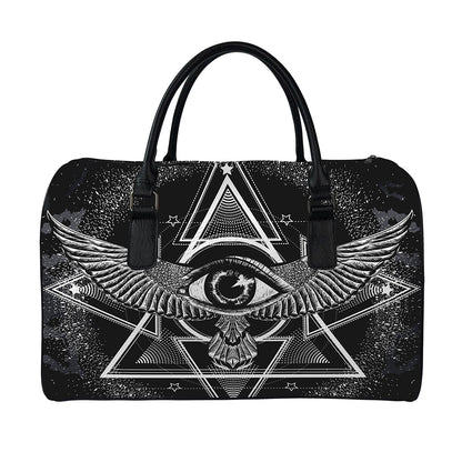 Black And White All Seeing Eye Print Leather Duffle Bag