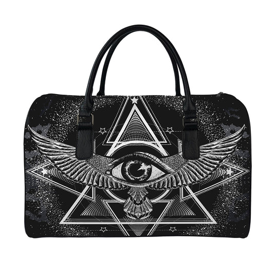 Black And White All Seeing Eye Print Leather Duffle Bag