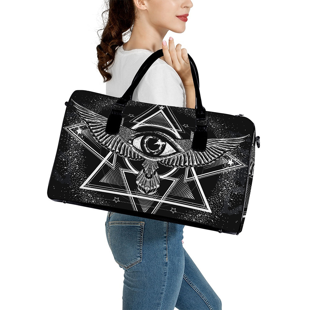 Black And White All Seeing Eye Print Leather Duffle Bag