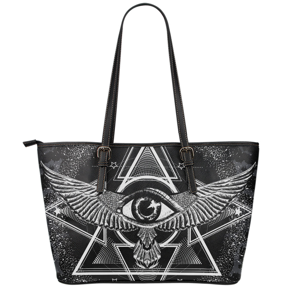 Black And White All Seeing Eye Print Leather Tote Bag