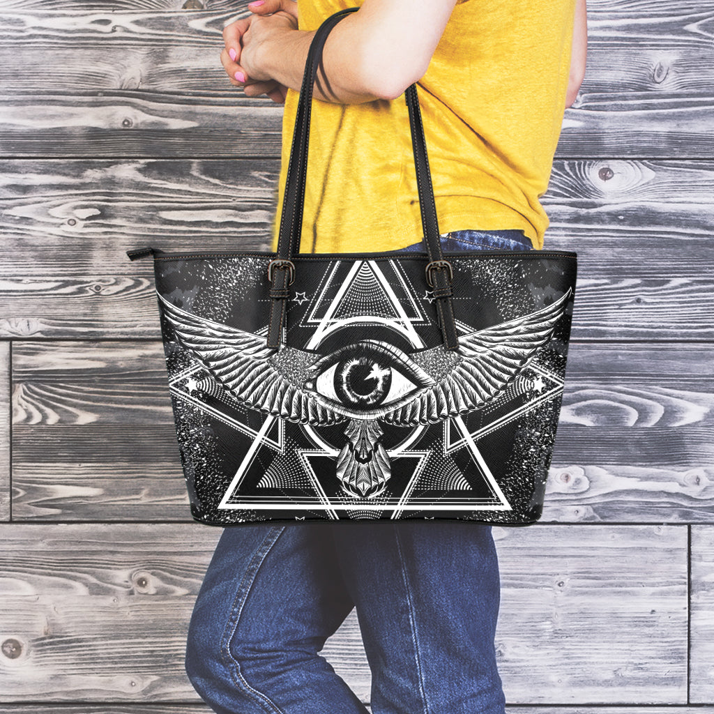 Black And White All Seeing Eye Print Leather Tote Bag