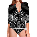 Black And White All Seeing Eye Print Long Sleeve Swimsuit