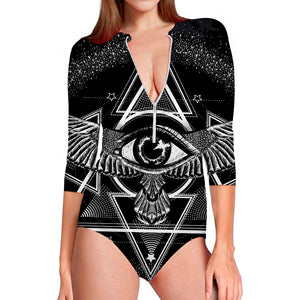 Black And White All Seeing Eye Print Long Sleeve Swimsuit