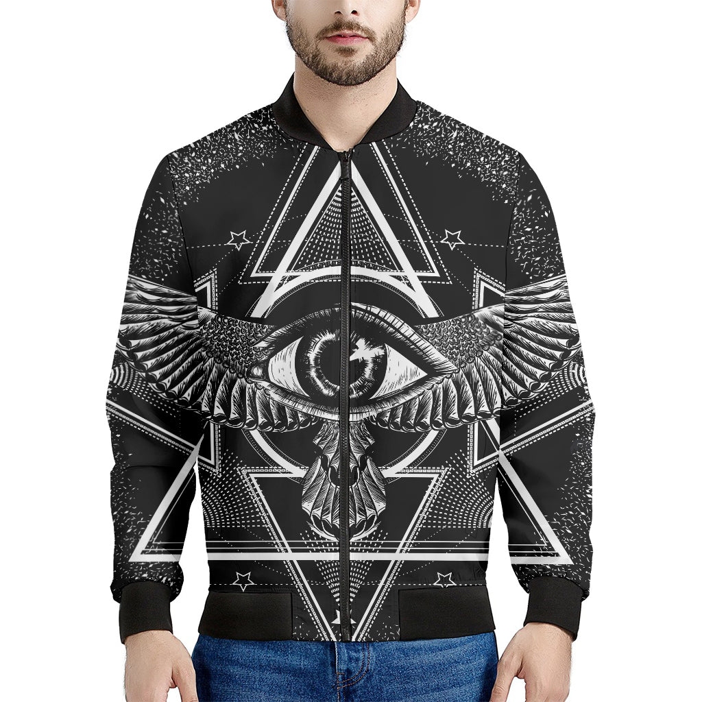 Black And White All Seeing Eye Print Men's Bomber Jacket