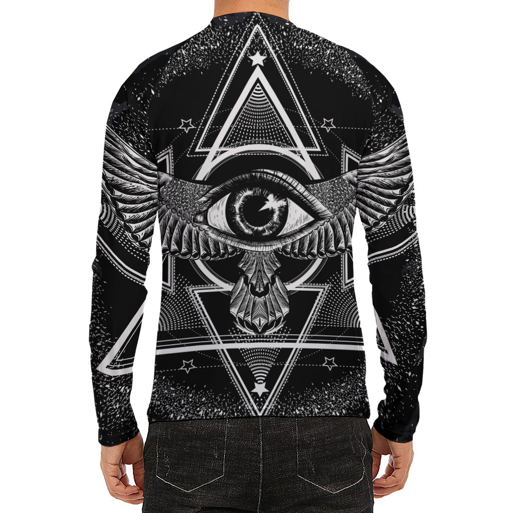 Black And White All Seeing Eye Print Men's Long Sleeve Rash Guard