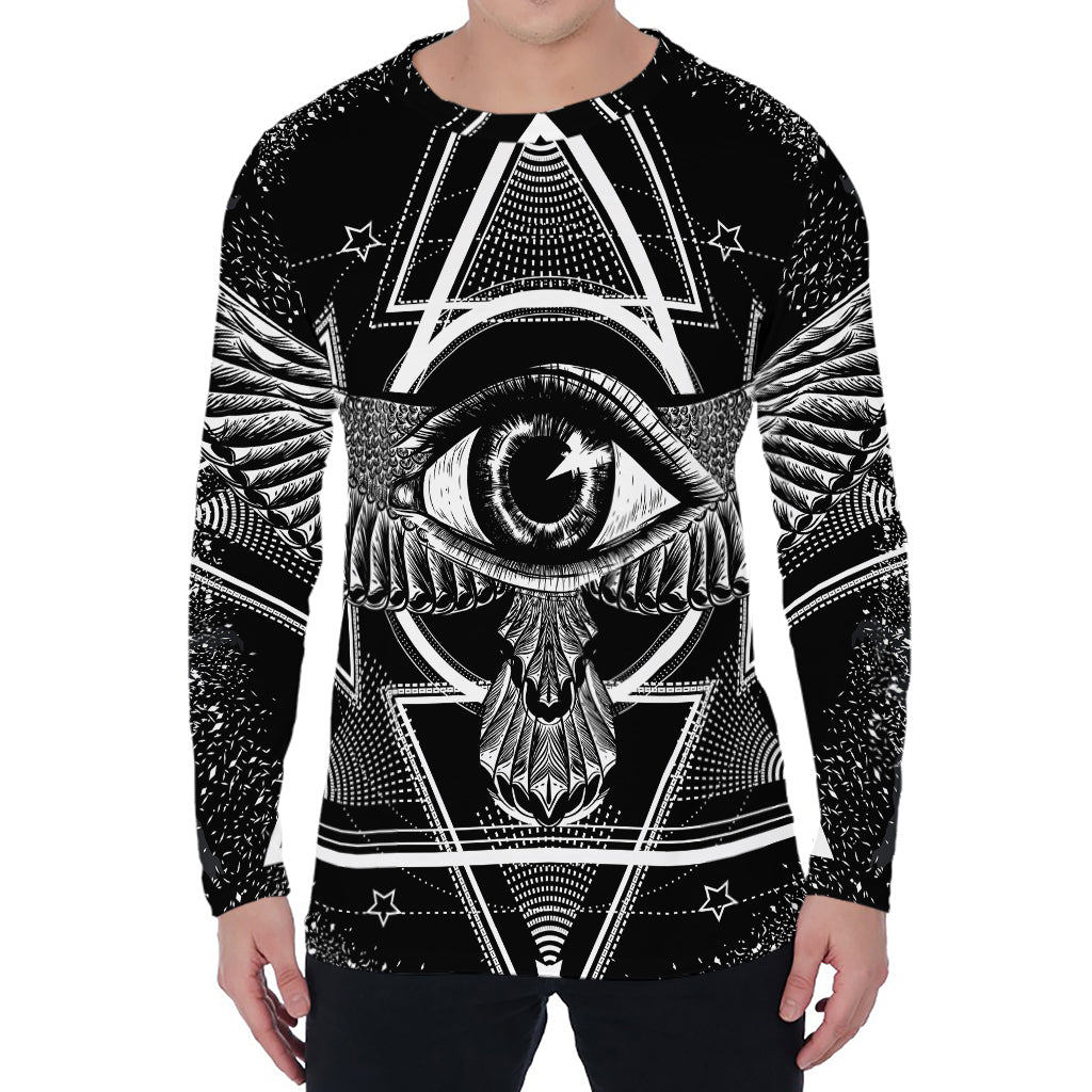 Black And White All Seeing Eye Print Men's Long Sleeve T-Shirt