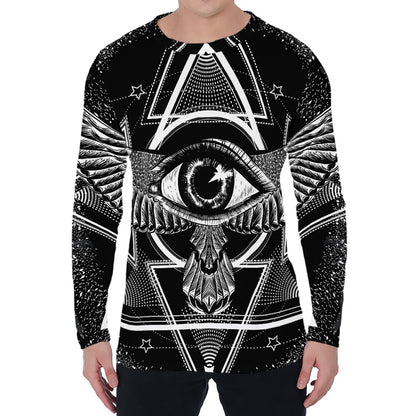 Black And White All Seeing Eye Print Men's Long Sleeve T-Shirt