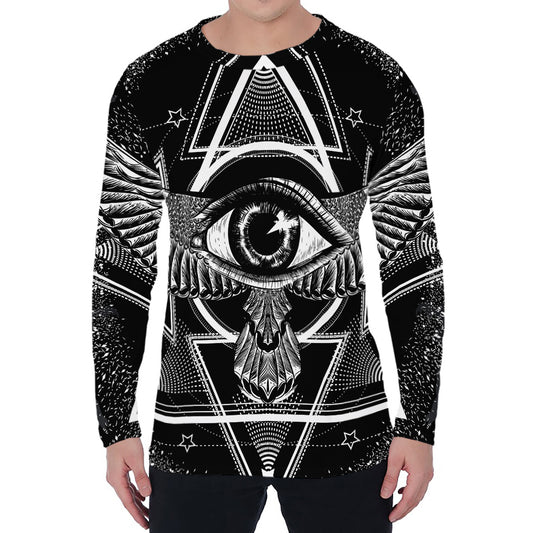 Black And White All Seeing Eye Print Men's Long Sleeve T-Shirt