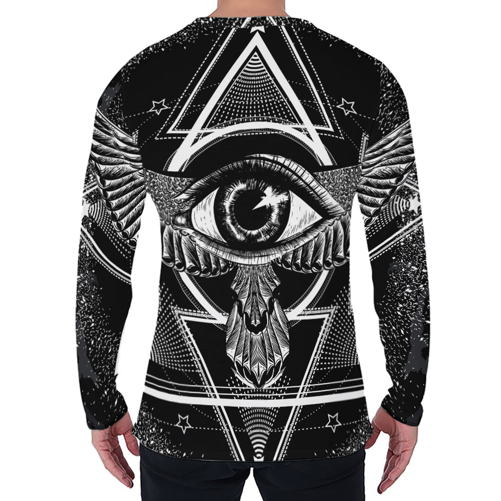 Black And White All Seeing Eye Print Men's Long Sleeve T-Shirt