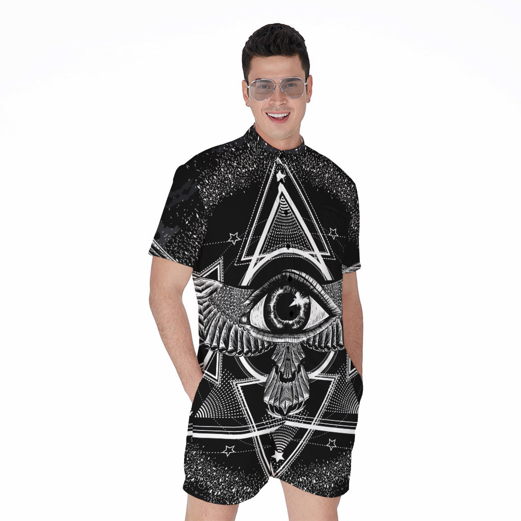 Black And White All Seeing Eye Print Men's Rompers